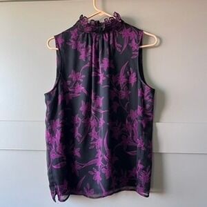 Vince‎ Camuto Black Floral Iris Ruffle Neck Sleeveless Blouse Top Women's Sz M